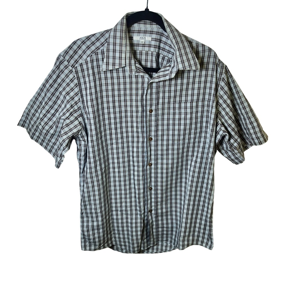 Givenchy Men Blue Brown Plaid Short Sleeve Button Down Shirt Size 41 Cotton